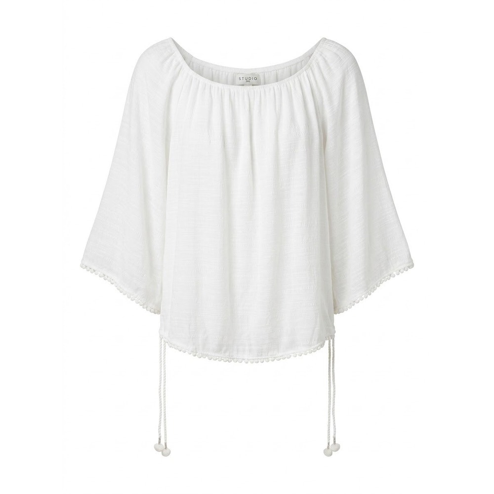 Studio JPR Peasant Blouse Women Small Ivory Bell Sleeve Pom Pom Trim MA418191T1